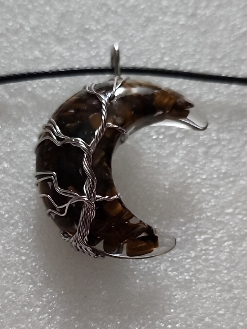 Hand Crafted Smoky Brown Crescent Moon Wire-Wrapped Pendant